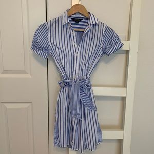 Girls light blue and white striped dress with tie